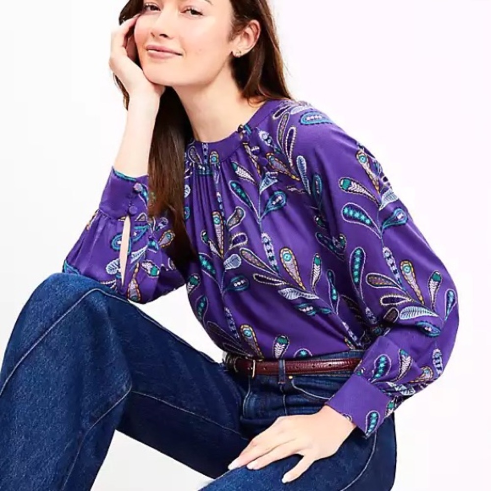 NWT‎ LOFT Purple Paisley Peasant Top Sz XL Long Sleeve Boho Shirt Office Cottage